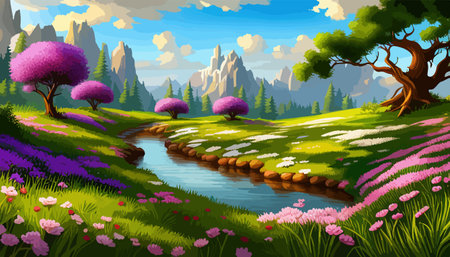 Vector illustration of a landscape with a field of blooming bright flowers, distant misty mountains on the horizonのイラスト素材