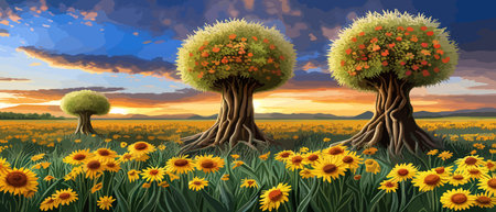 Beautiful enchanted landscape. Fantasy garden background. Magic meadow with spring blooming trees. Round frameのイラスト素材
