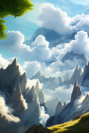 Flat natural view of green plants, flowers and mountains. spring landscape. spring landscape in green field colorfulのイラスト素材