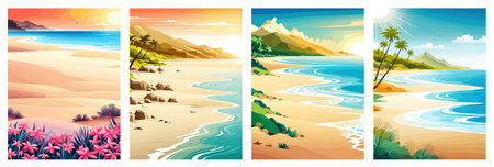 Top view of the summer sea beach. Top view of the ocean beach with soft waves. Beautiful background with shellsのイラスト素材