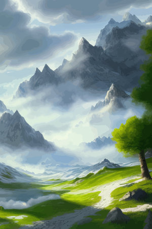 Flat natural view of green plants, flowers and mountains. spring landscape. spring landscape in green field colorfulのイラスト素材