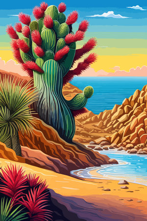 Cactus garden with a variety of succulents, cacti and other desert plants, with a blooming desert roseのイラスト素材