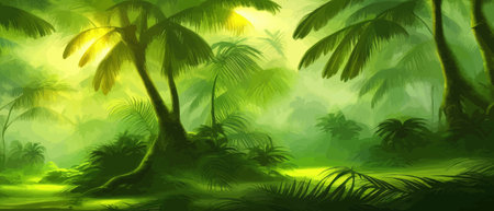 Tropical vintage botanical landscape, palm tree, vegetable flower border background. Exotic green jungle backgroundのイラスト素材