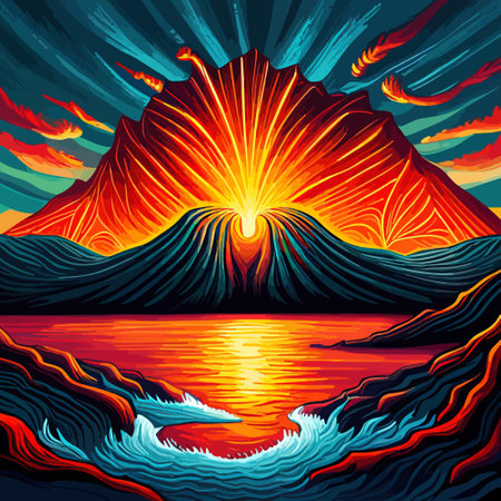 Volcano crater eruption with red-hot glowing magma, active volcanic explosion with lava, splashes, rocks, flashesのイラスト素材
