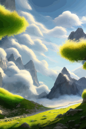 Flat natural view of green plants, flowers and mountains. spring landscape. spring landscape in green field colorfulのイラスト素材