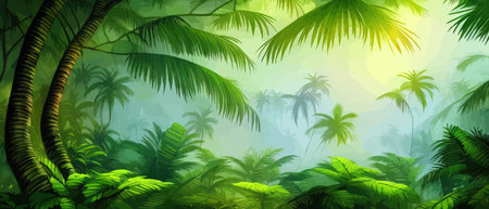 Tropical vintage botanical landscape, palm tree, vegetable flower border background. Exotic green jungle backgroundのイラスト素材