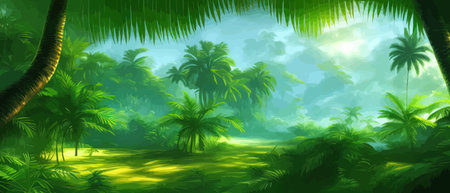 Tropical vintage botanical landscape, palm tree, vegetable flower border background. Exotic green jungle backgroundのイラスト素材