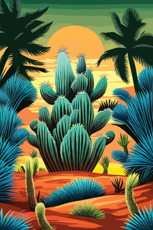 Cactus garden with a variety of succulents, cacti and other desert plants, with a blooming desert roseのイラスト素材