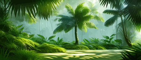 Tropical vintage botanical landscape, palm tree, vegetable flower border background. Exotic green jungle backgroundのイラスト素材
