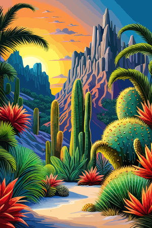 Cactus garden with a variety of succulents, cacti and other desert plants, with a blooming desert roseのイラスト素材