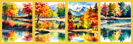 Watercolor landscape. Autumn forest on the lake shore vector illustration autumnal trees on the shore of calm forestのイラスト素材