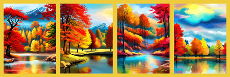 Watercolor landscape. Autumn forest on the lake shore vector illustration autumnal trees on the shore of calm forestのイラスト素材