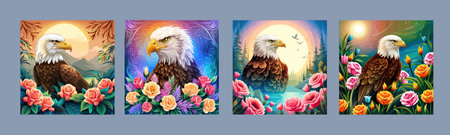 Stunning illustration of an eagle with a floral ornament. Multicolored surreal elements. close-up vector illustration.のイラスト素材