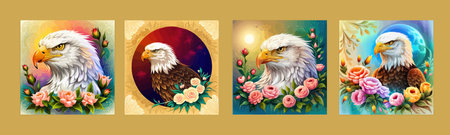Stunning illustration of an eagle with a floral ornament. Multicolored surreal elements. close-up vector illustration.のイラスト素材
