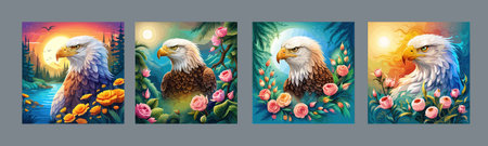 Stunning illustration of an eagle with a floral ornament. Multicolored surreal elements. close-up vector illustration.のイラスト素材