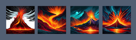 Volcano crater eruption with red-hot glowing magma, active volcanic explosion with lava, splashes, rocks, flashesのイラスト素材