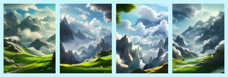 Flat natural view of green plants, flowers and mountains. spring landscape. spring landscape in green field colorfulの写真素材