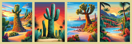 Cactus garden with a variety of succulents, cacti and other desert plants, with a blooming desert roseの写真素材
