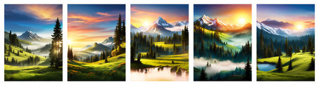 Landscape of mountains and green hills. Summer nature landscape with rocks, forest, grass, sun, sky and clouds.の写真素材