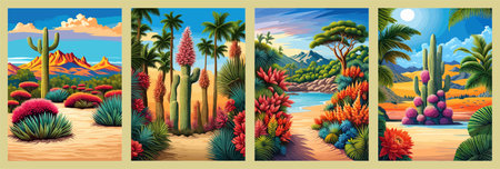 Cactus garden with a variety of succulents, cacti and other desert plants, with a blooming desert roseの写真素材