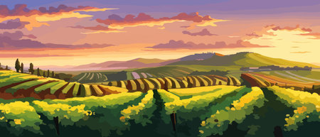 Rural landscape with a beautiful view of distant fields and hills vector illustration.のイラスト素材