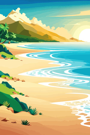 Top view of the summer sea beach. Top view of the ocean beach with soft waves. Beautiful background with shellsのイラスト素材