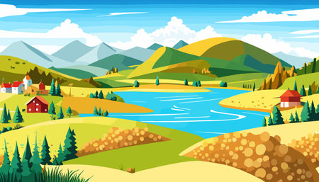 Vector illustration of a house in a rural area surrounded by panoramic meadows, mountains, and idyllic countryside.のイラスト素材