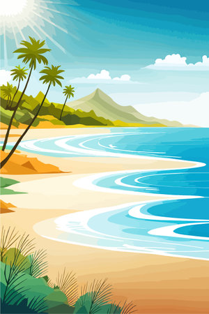 Top view of the summer sea beach. Top view of the ocean beach with soft waves. Beautiful background with shellsのイラスト素材