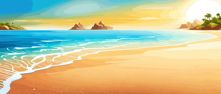 Top view of the summer sea beach. Top view of the ocean beach with soft waves. Beautiful background with shellsのイラスト素材