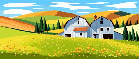 Landscape of green fields of farmland, barns and farms, rural houses. Vector grassland with buildings, green grassのイラスト素材