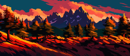 Vector autumn horizontal landscape with fog, forest, spruce, fir and morning sunlight. Autumn season Silhouette, fogのイラスト素材