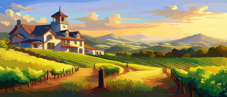 Rural landscape with a beautiful view of distant fields and hills vector illustration.のイラスト素材