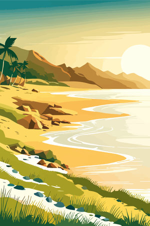 Top view of the summer sea beach. Top view of the ocean beach with soft waves. Beautiful background with shellsのイラスト素材
