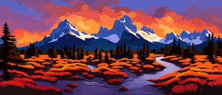 Vector autumn horizontal landscape with fog, forest, spruce, fir and morning sunlight. Autumn season Silhouette, fogのイラスト素材
