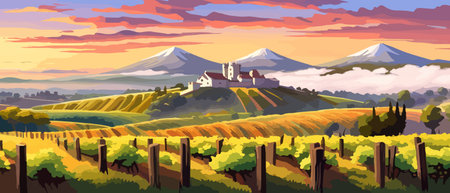 Rural landscape with a beautiful view of distant fields and hills vector illustration.のイラスト素材