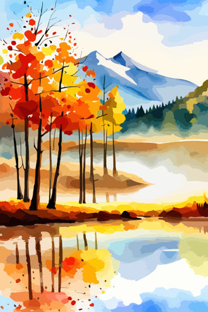 Watercolor landscape. Autumn forest on the lake shore vector illustration autumnal trees on the shore of calm forestのイラスト素材