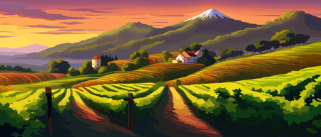 Rural landscape with a beautiful view of distant fields and hills vector illustration.のイラスト素材