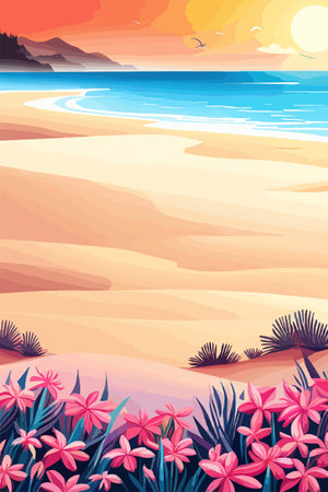 Top view of the summer sea beach. Top view of the ocean beach with soft waves. Beautiful background with shellsのイラスト素材
