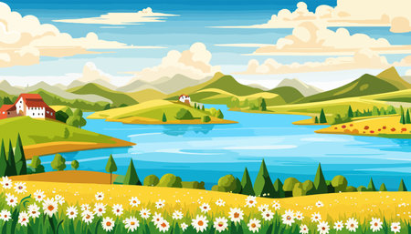 Vector illustration of a house in a rural area surrounded by panoramic meadows, mountains, and idyllic countryside.のイラスト素材