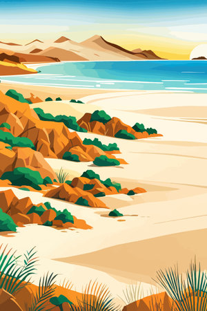 Top view of the summer sea beach. Top view of the ocean beach with soft waves. Beautiful background with shellsのイラスト素材
