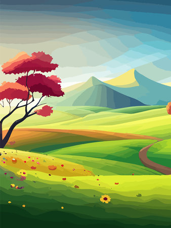 View of a green meadow on the hills with blue sky, vector cartoon spring or summer landscape, panoramic rural mountainのイラスト素材