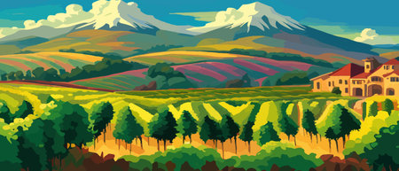 Rural landscape with a beautiful view of distant fields and hills vector illustration.のイラスト素材