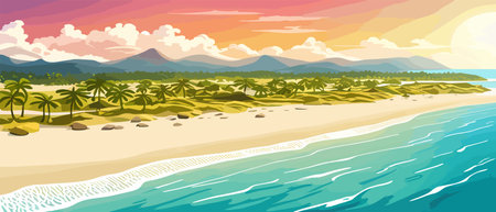 Top view of the summer sea beach. Top view of the ocean beach with soft waves. Beautiful background with shellsのイラスト素材
