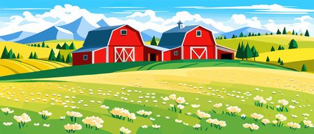 Landscape of green fields of farmland, barns and farms, rural houses. Vector grassland with buildings, green grassのイラスト素材