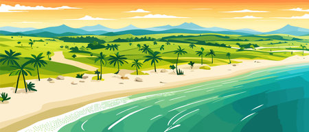 Top view of the summer sea beach. Top view of the ocean beach with soft waves. Beautiful background with shellsのイラスト素材