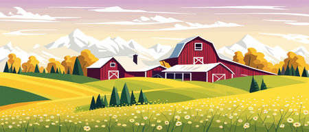 Landscape of green fields of farmland, barns and farms, rural houses. Vector grassland with buildings, green grassのイラスト素材