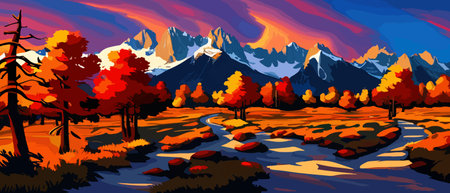 Vector autumn horizontal landscape with fog, forest, spruce, fir and morning sunlight. Autumn season Silhouette, fogのイラスト素材