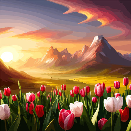 Spring landscape field tulips against backdrop mountains. Huge field colorful tulips, sky with clouds and sunset with sunbeams.の素材