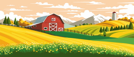 Landscape of green fields of farmland, barns and farms, rural houses. Vector grassland with buildings, green grassのイラスト素材