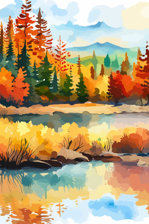Watercolor landscape. Autumn forest on the lake shore vector illustration autumnal trees on the shore of calm forestのイラスト素材